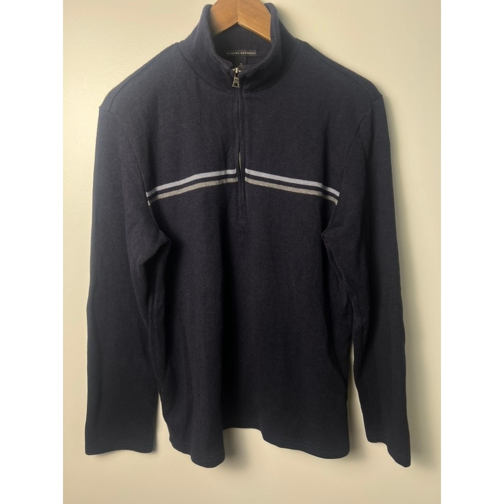Banana‎ Republic 1/4 Zip Sweater Men M Navy Blue Striped Cotton Pullover Preppy